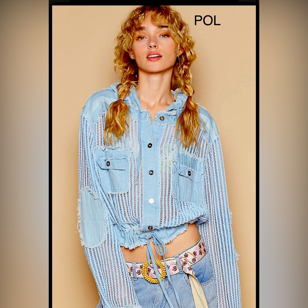 13. NWT POL Light Denim Blue Mesh Knit Button-Front Hoodie Jacket